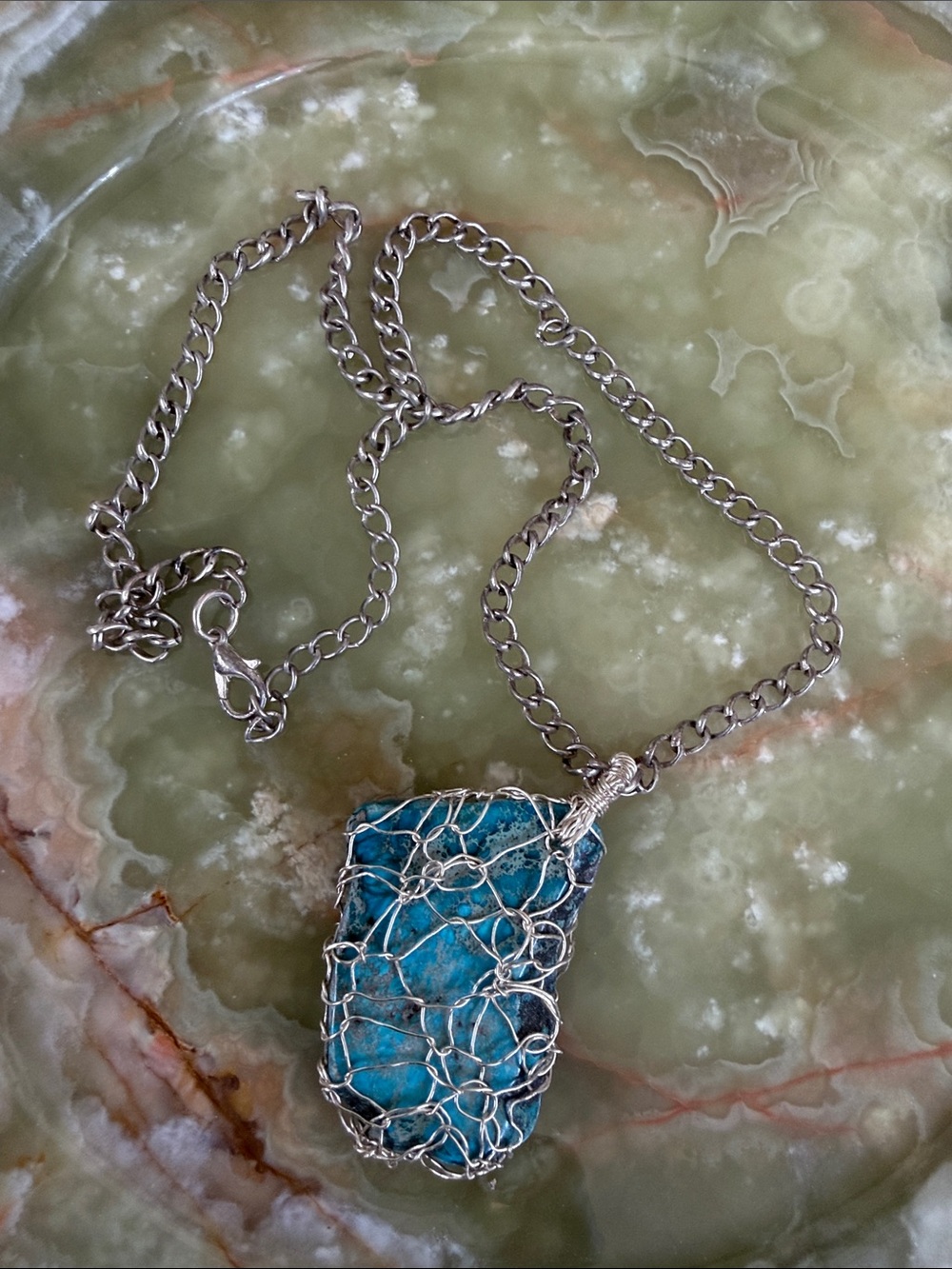 Blue Stone Wire-Wrap Pendant Necklace